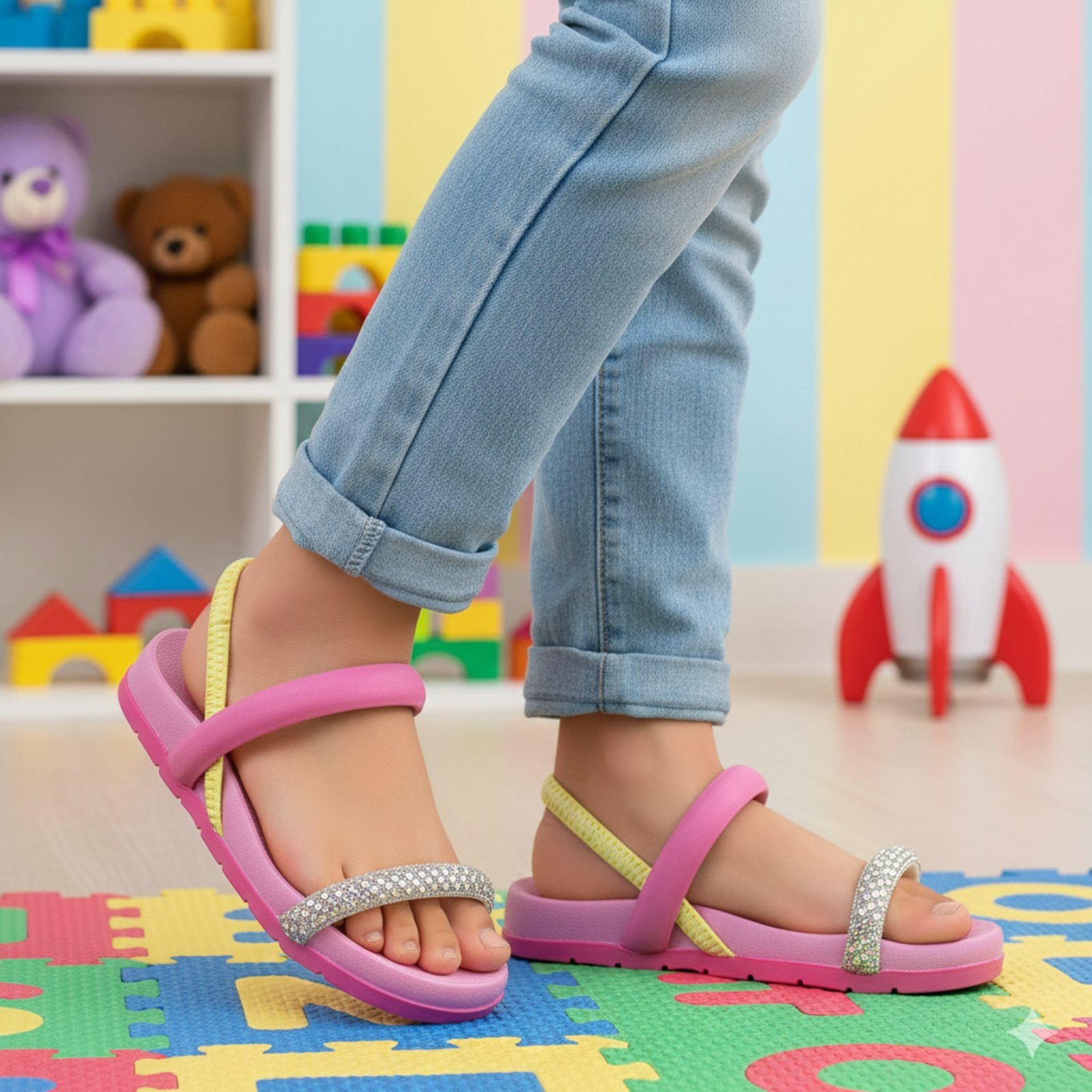 Infantil – Sandália Menina Pé com Pé Papete Rasteira Ajustável Chinelo Moda Casual Escolar Pink
