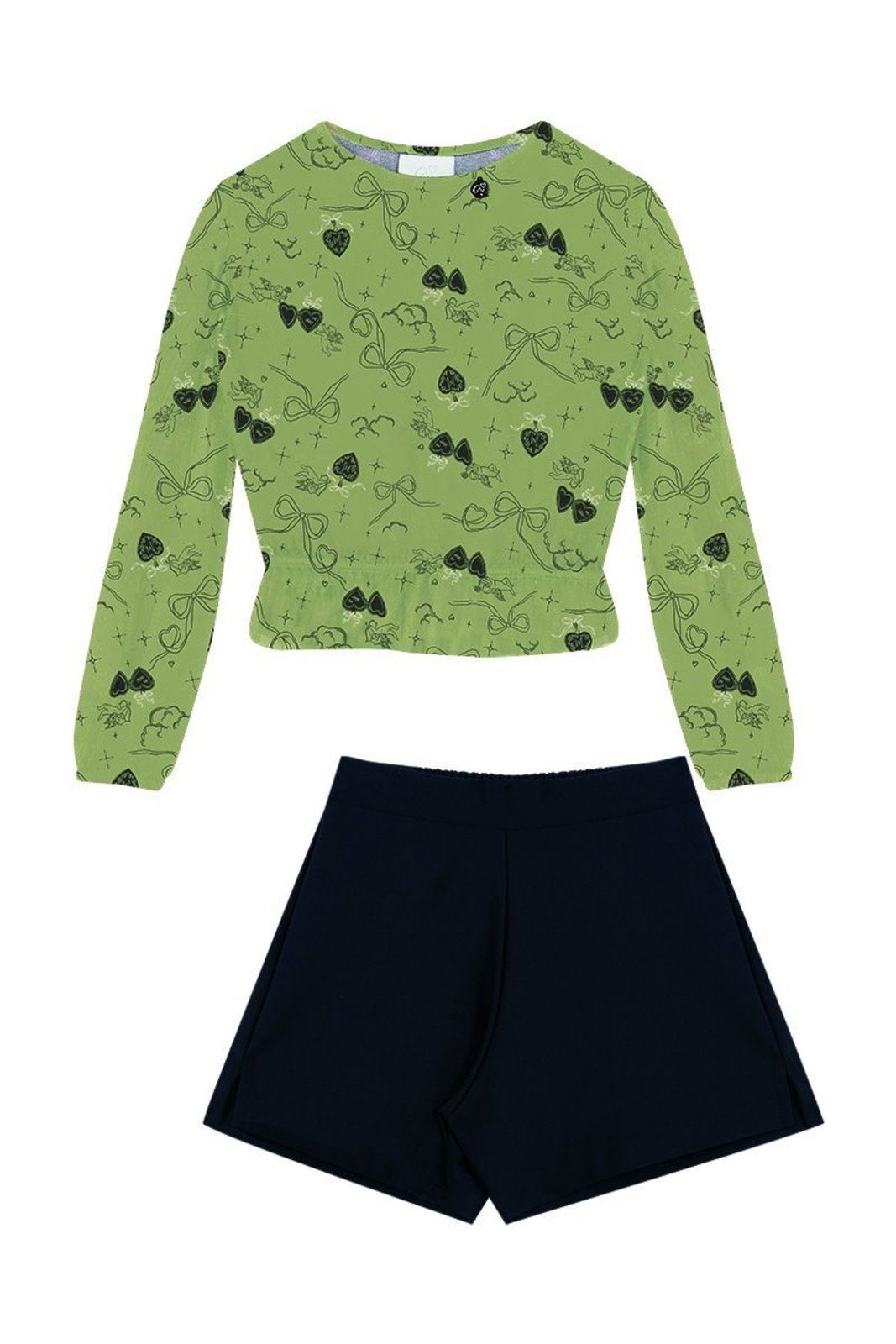 Infantil - Conjunto Verde Blusa com Tule Estampado e Shorts