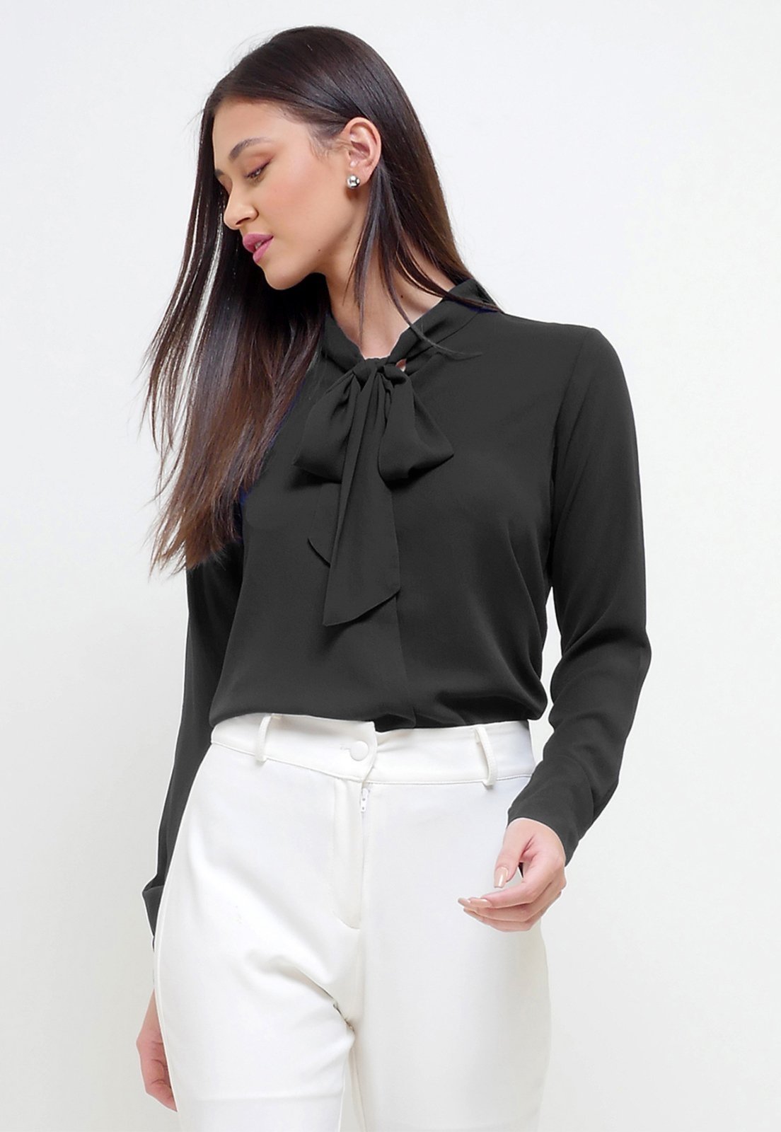 Camisa Intens Manga Longa Crepe Laço Preto