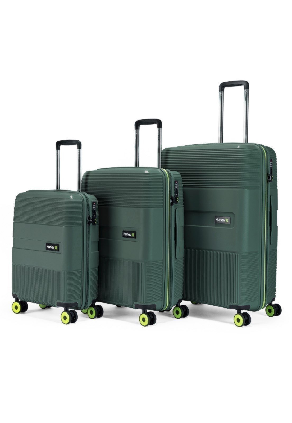 Vista 2 Kit 3 Mala Viagem Com Rodinhas Hurley Masculina 360° Rígida Reforçada Padrão Anac Cadeado Tsa verde hurley verde