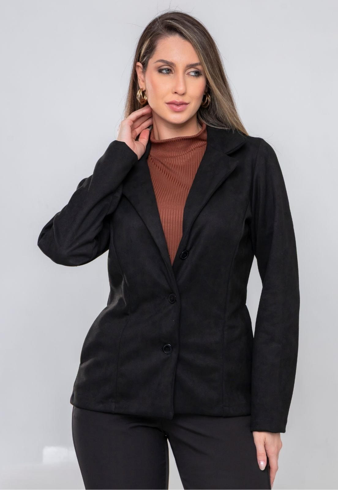 Vista 2 Blazer Casaco Alfaiataria Feminina Bolso enbutido em Suedy Premium Docce Mulher preto Docce Mulher preto
