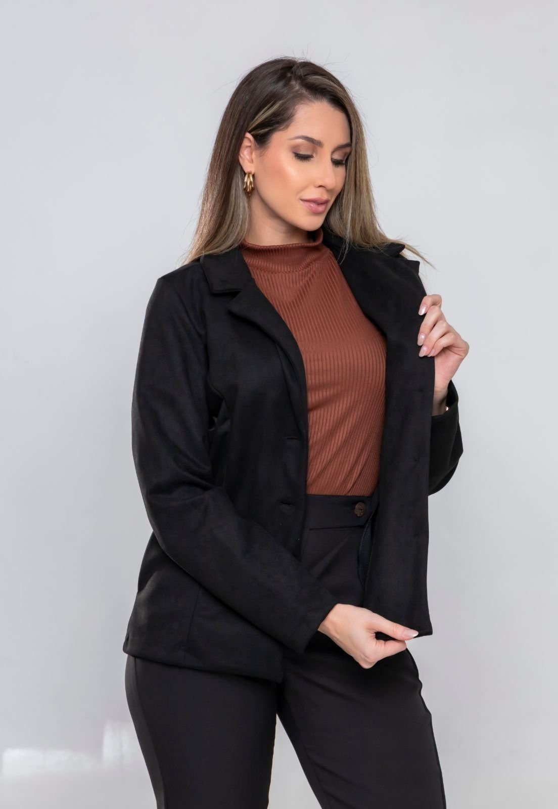 Vista 3 Blazer Casaco Alfaiataria Feminina Bolso enbutido em Suedy Premium Docce Mulher preto Docce Mulher preto