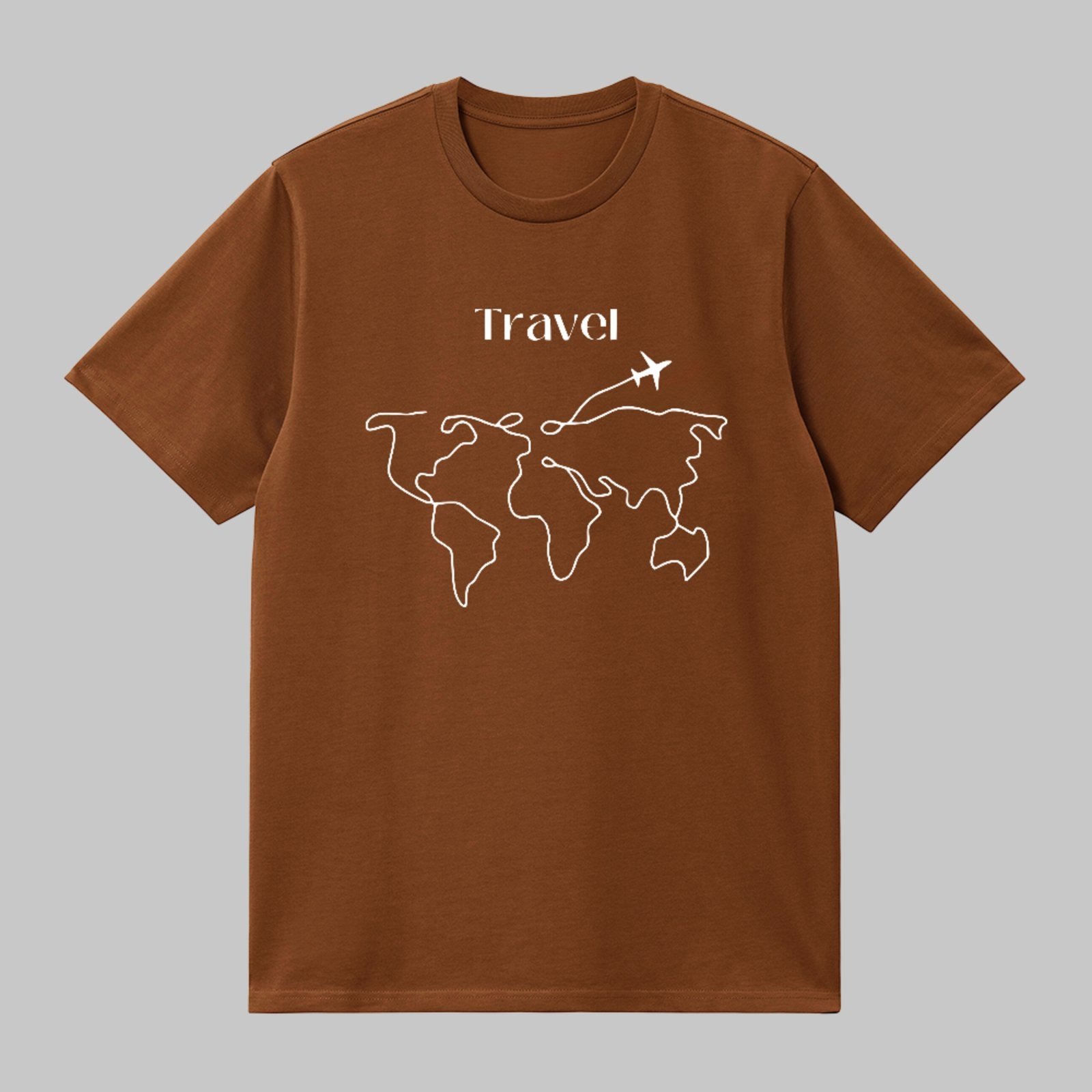 Camiseta Básica Travel Mapa Mundo Estilo Minimalista Viagem Marrom