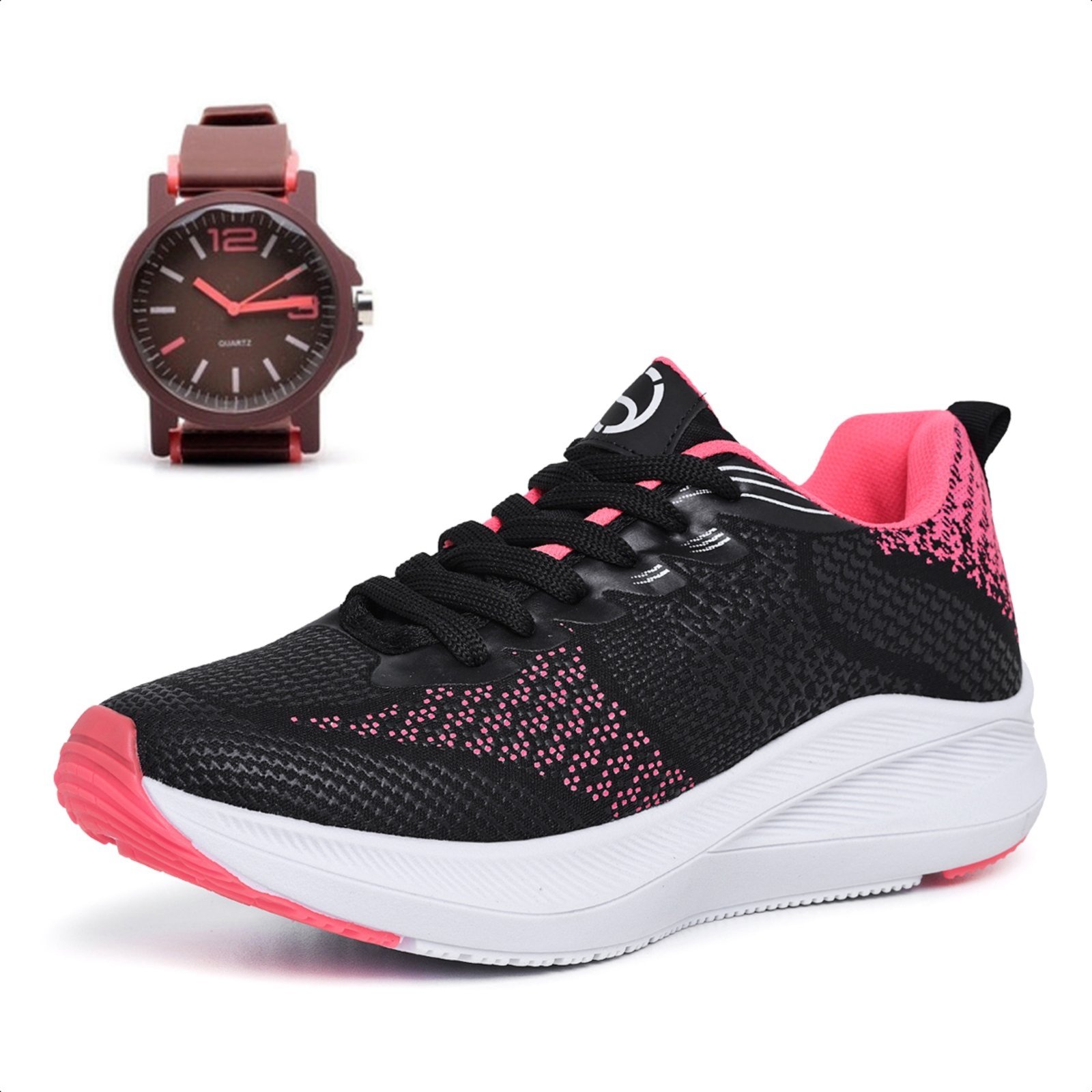 Tênis Feminino Esportivo Izabella Helena Casual Treino Academia Relógio Combo Preto