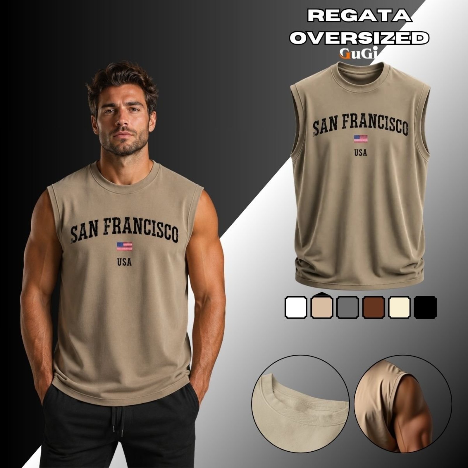 Camiseta Regata Masculina Oversized Estampada San Francisco USA 100% Algodão Cáqui