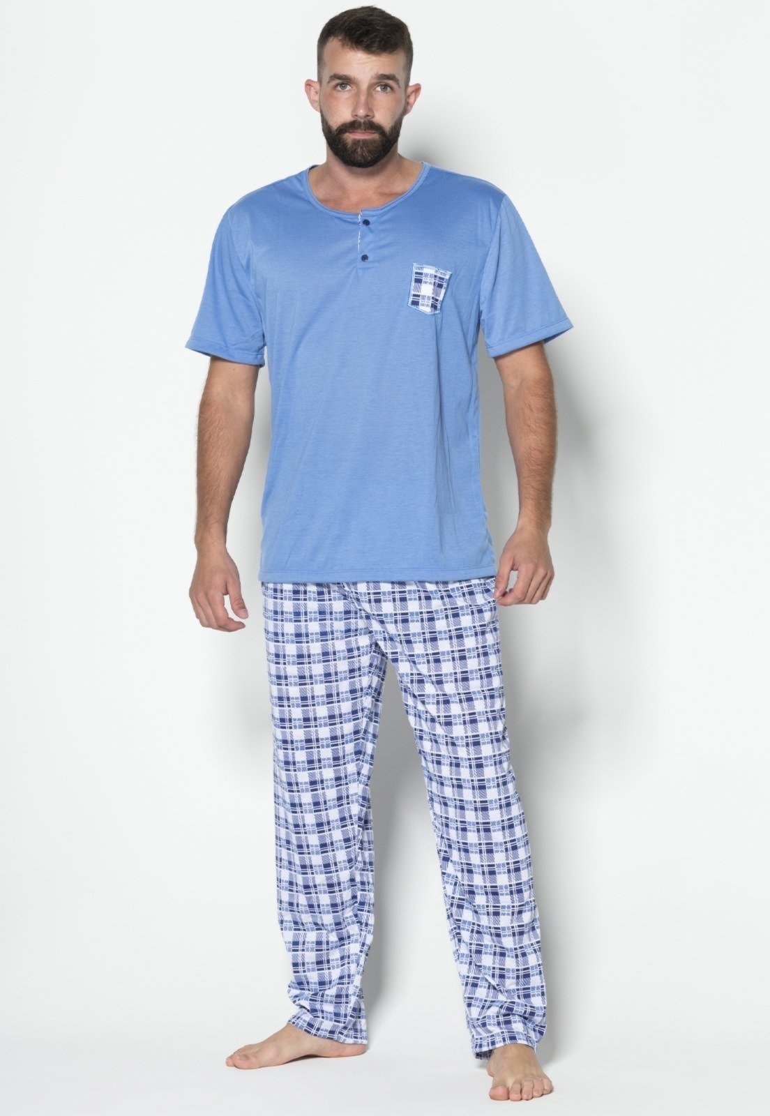 Pijama Masculino WLS Modas Calça Comprida e Manga Curta Azul