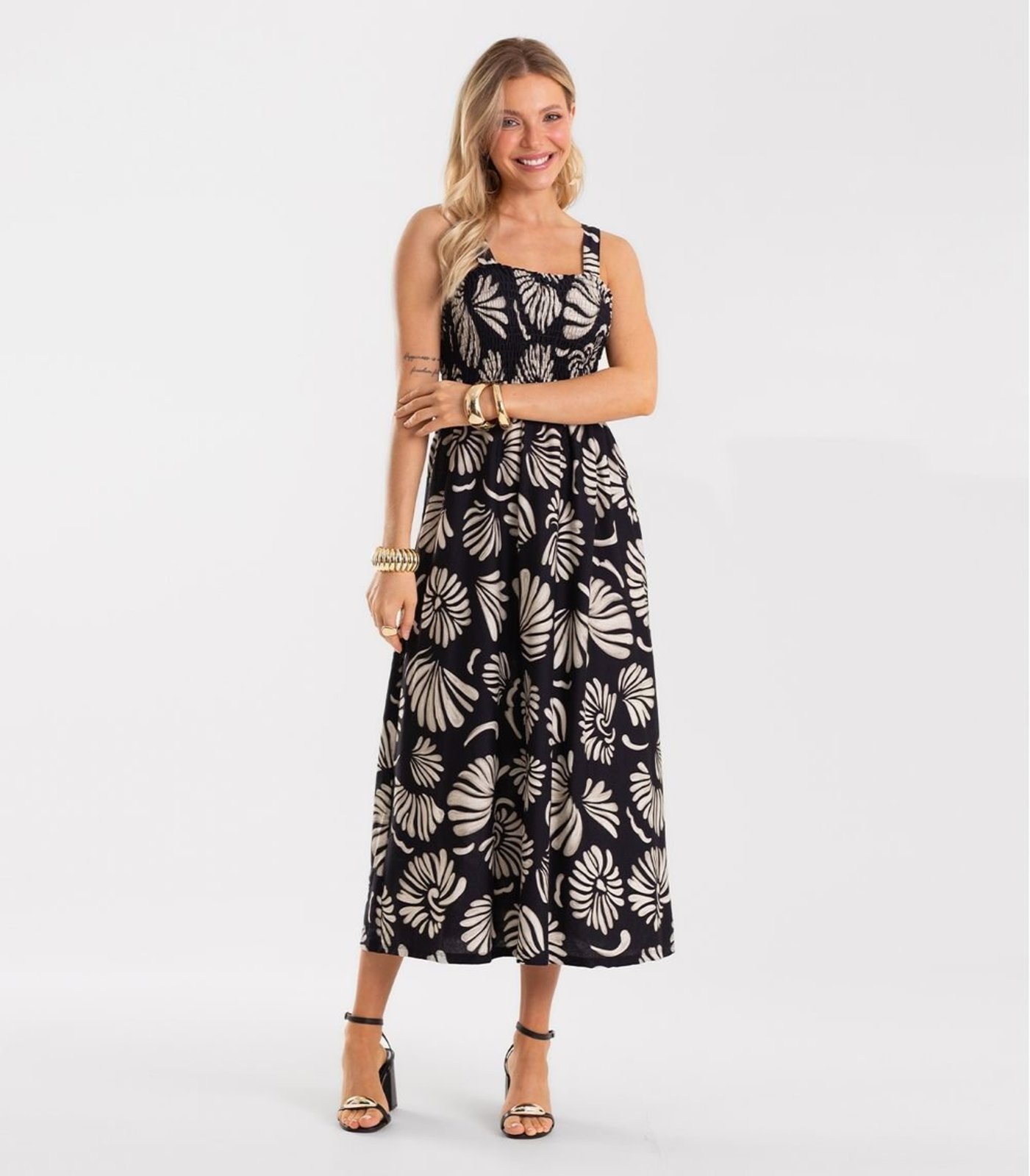 Vestido Midi Feminino Meia Malha Estampado Rovitex Preto