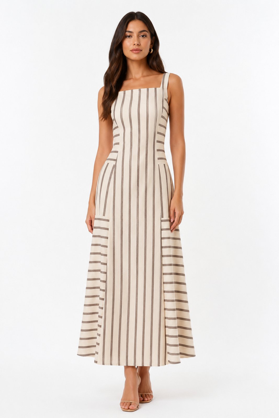 Vestido Longo Listrado D Bell Outlet Fashion Nude