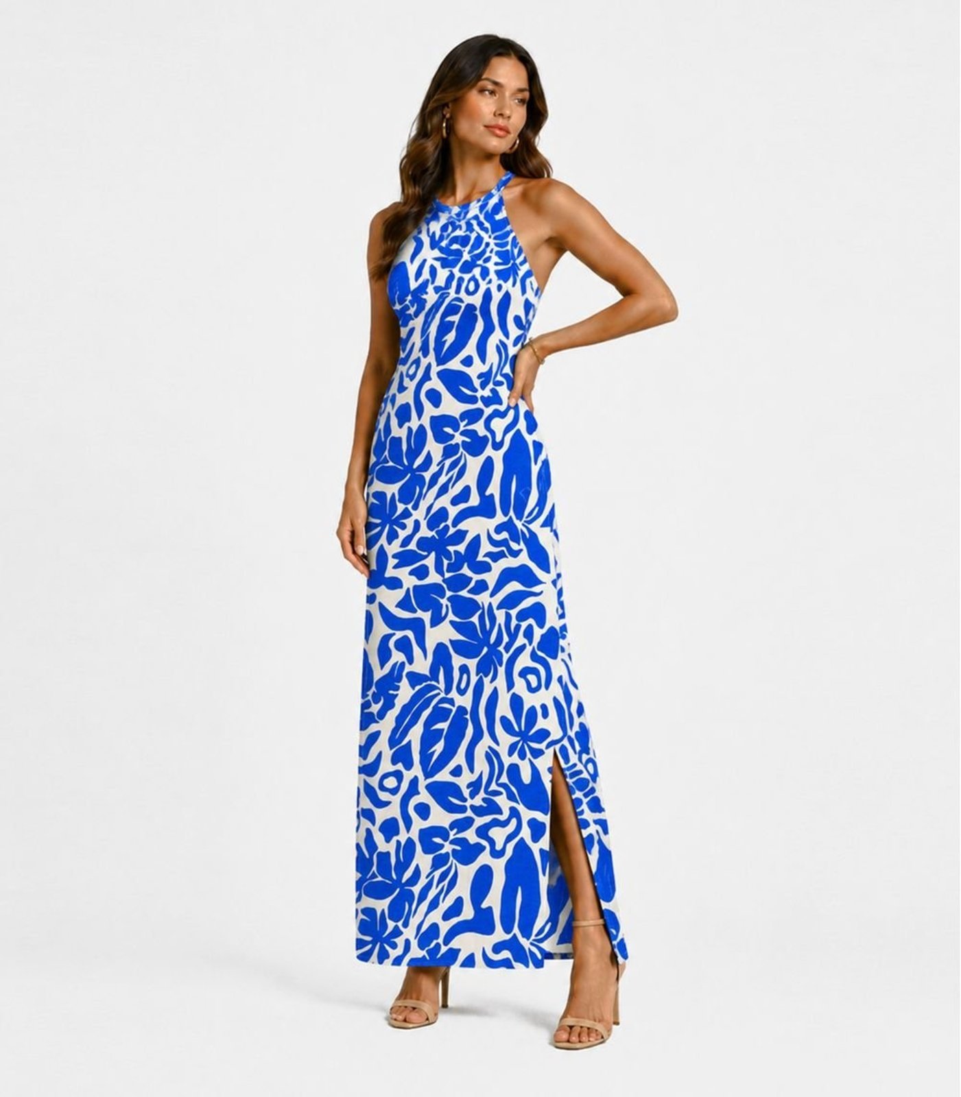 Vestido Longo Estampado Sem Manga Infinita Cor Azul