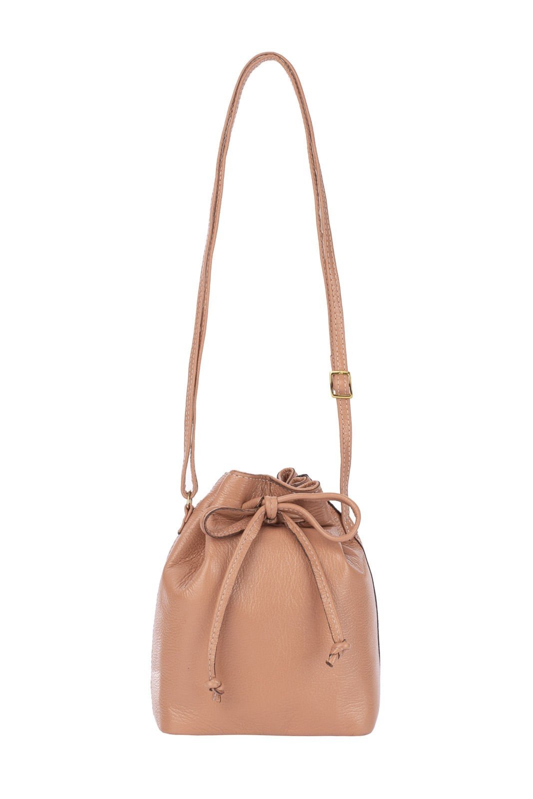 Mini bolsa saco em couro liso Nathy - Bege