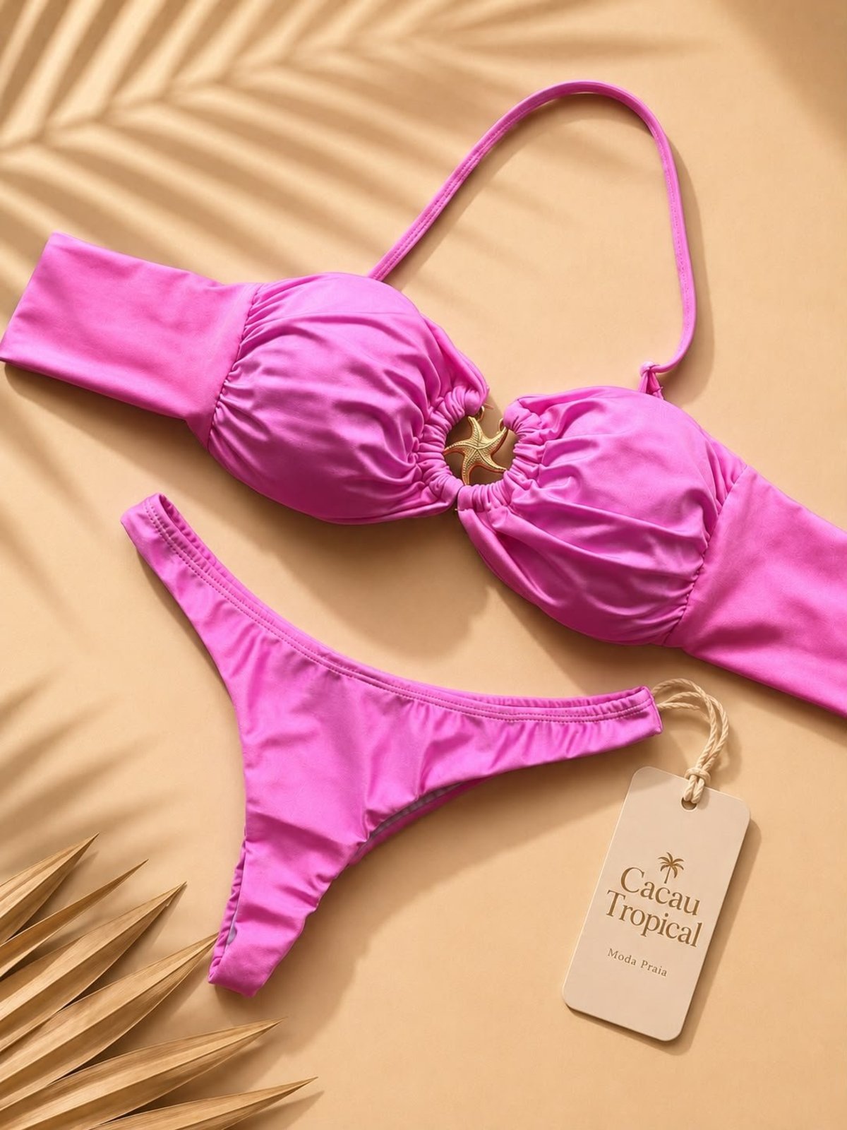Biquíni Tomara que Caia Feminino Rosa com Estrela, Alça Removível, Bojo Removível e Calcinha Asa Delta