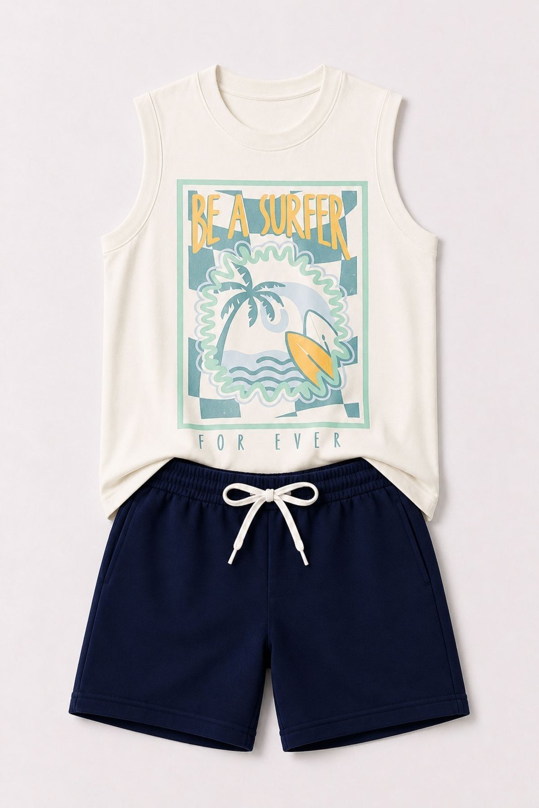 Infantil - Conjunto Regata Masculina Algodão Off White - Be a Surfer - Babei no Look