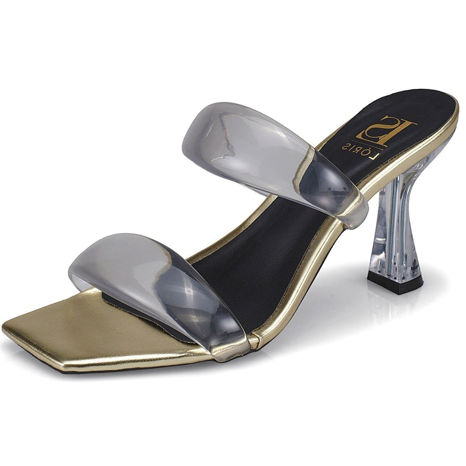 Tamanco Feminino Salto Jelly Acrílico Bico Quadrado Com Tiras Transparentes 925 OURO