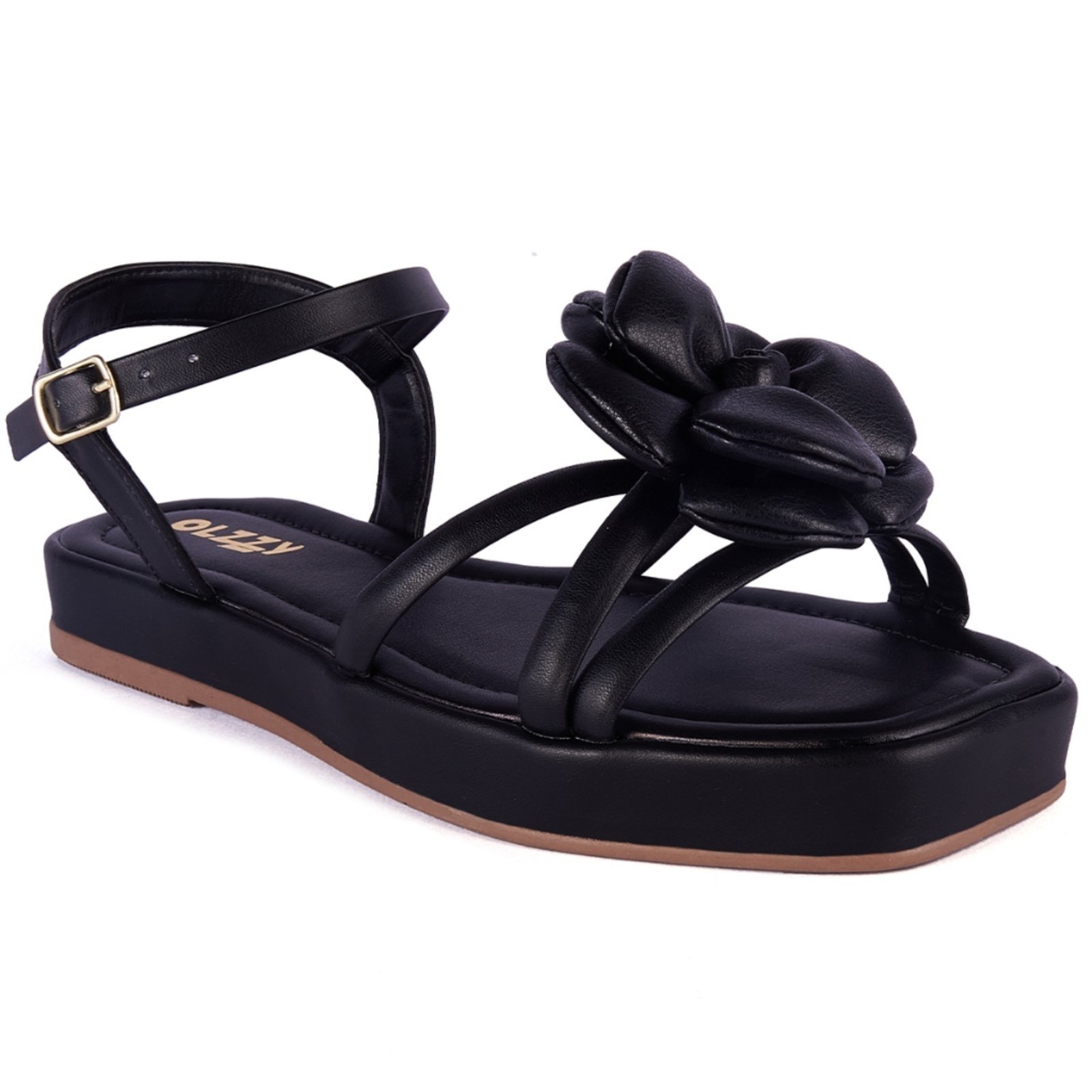 Sandália Flat Feminina Flor Delicada Flatform Brilho Estilo Moda Conforto Olzzy Original Preto