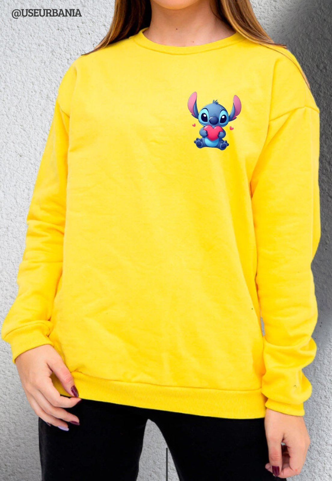 Moletom Sem Capuz Blusa mooboo Casual Sem Bolso Moleton urbania Gola Redonda Careca Promoção Tamanho Adulto Amarelo Estampa Stitch coração