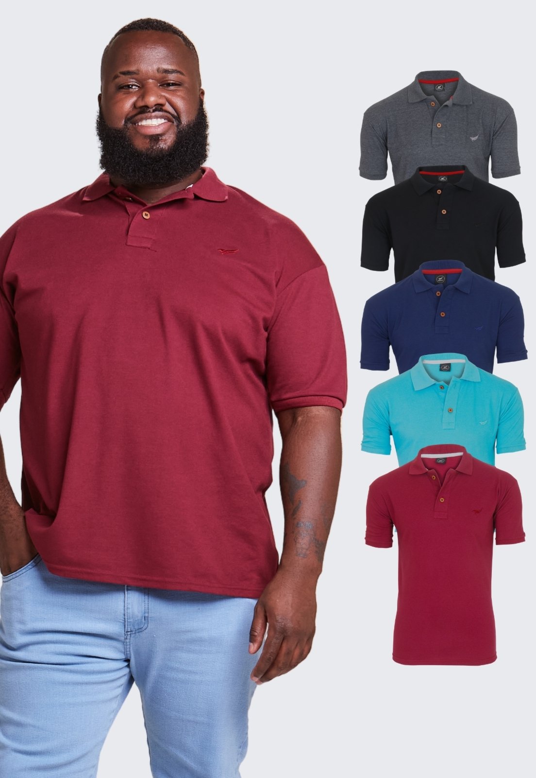 Kit 5 Camisa Polo Masculina Algodão Plus Size Daze Modas Vinho, Verde Água, Azul Marinho, Preto e Chumbo