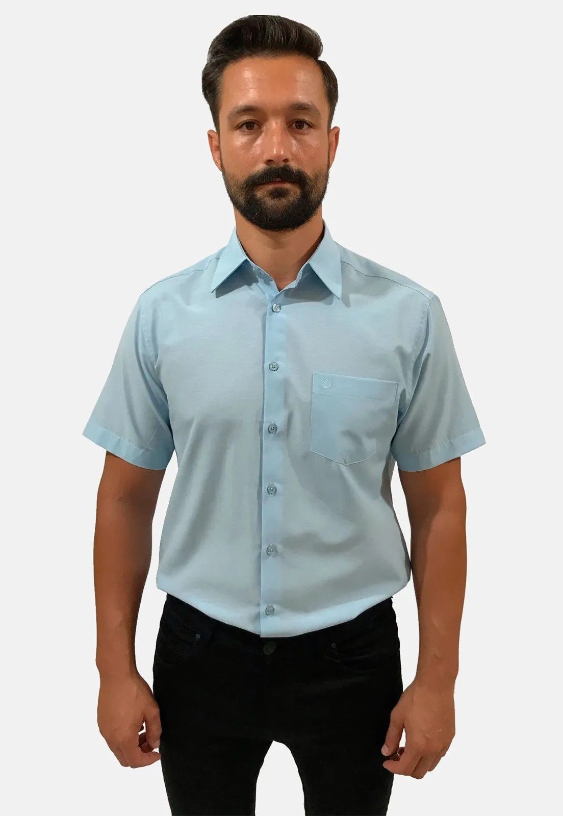 Camisa Social Olimpo Lisa com Bolso Manga Curta Azul Claro