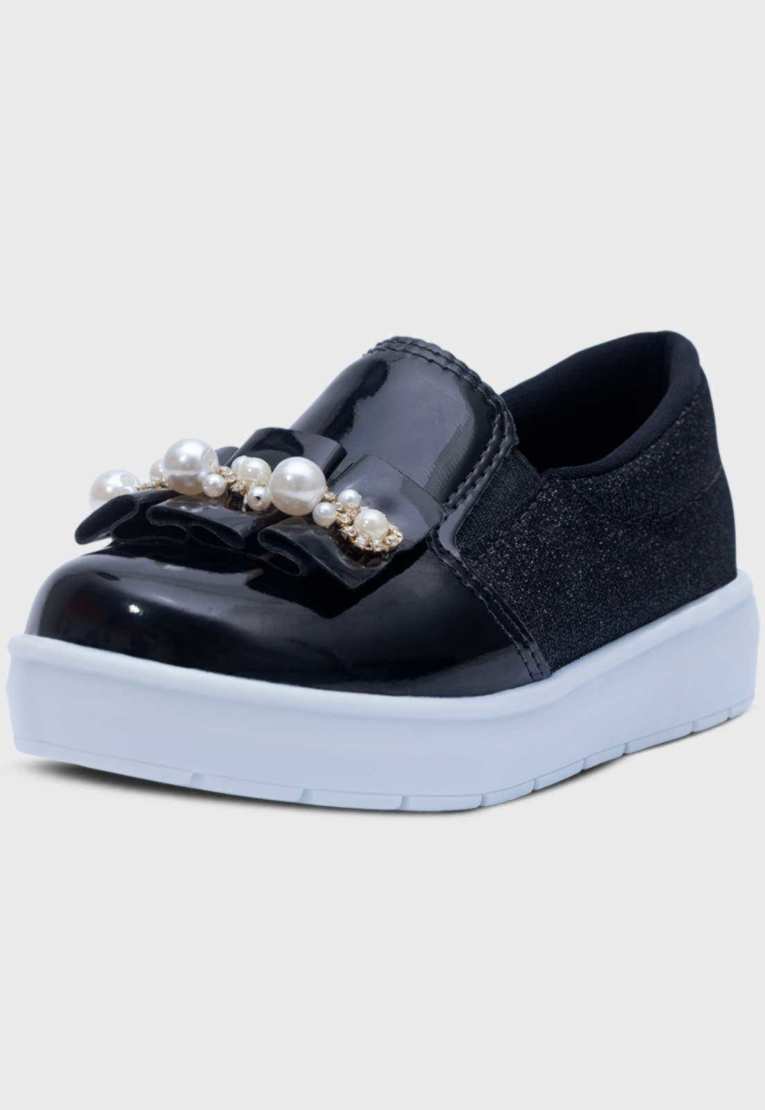 Infantil - Tenis Slip On Feminino Popidi Laço Perola Sanfonado Preto