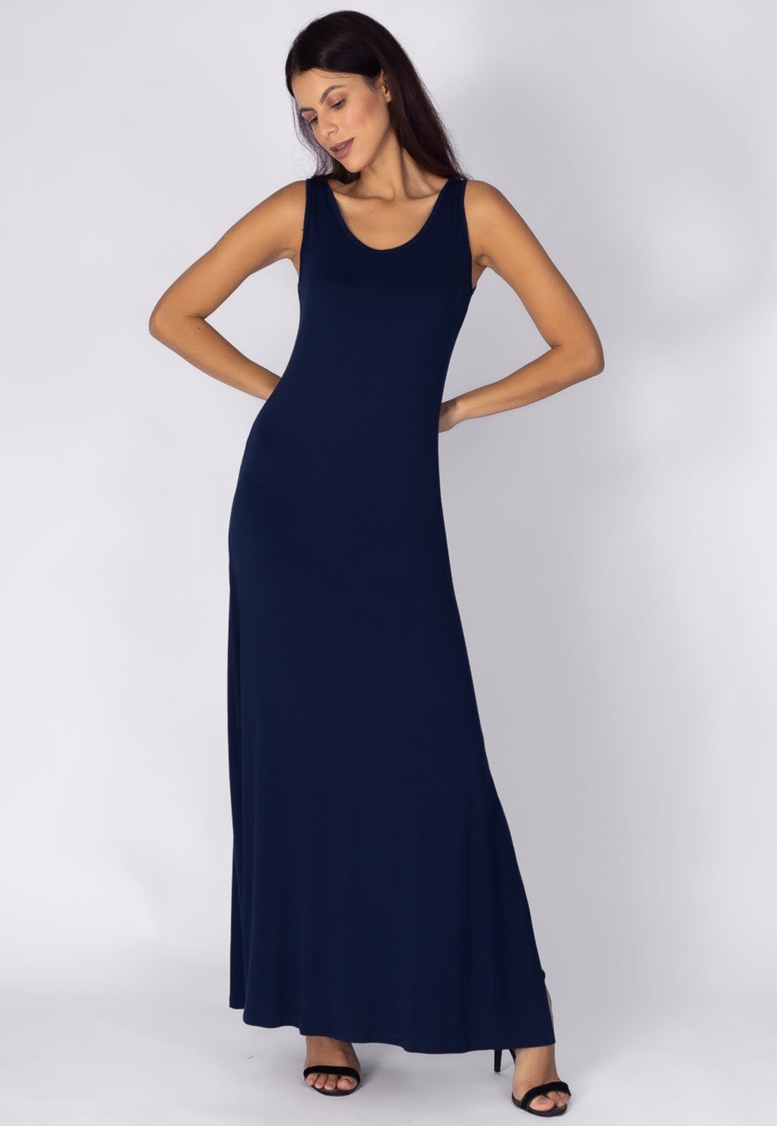 Vestido Amazonia Vital Longo Malha Butiá Regata Azul Marinho
