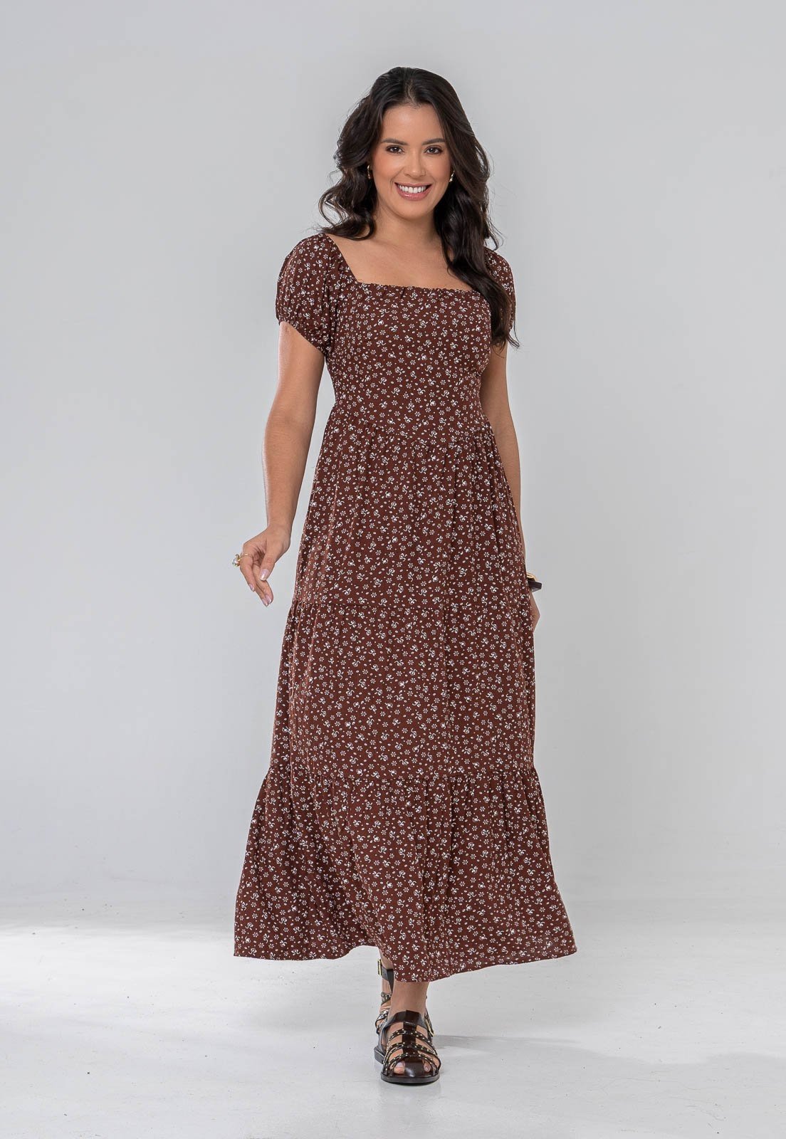 Vestido Aura Joelma Floral Delicado Marrom