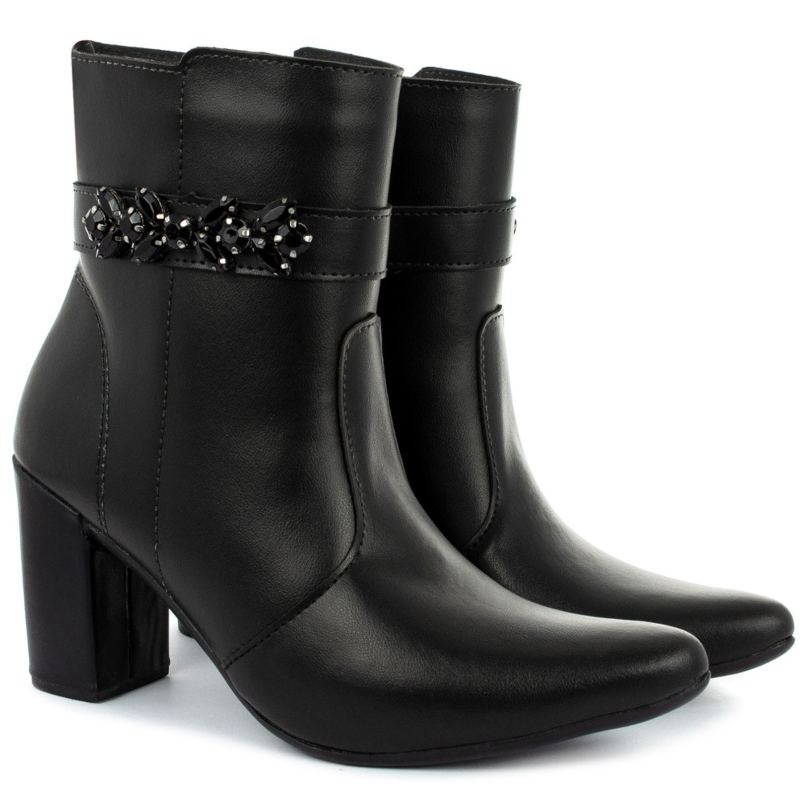 Bota bico fino salto fashion confortável com pedraria OLZZY Preto