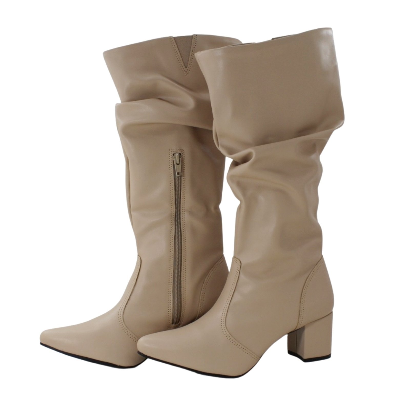 Bota Feminina Sloutchy Lirom Bico Fino Salto Grosso Cano Sanfonado Nude