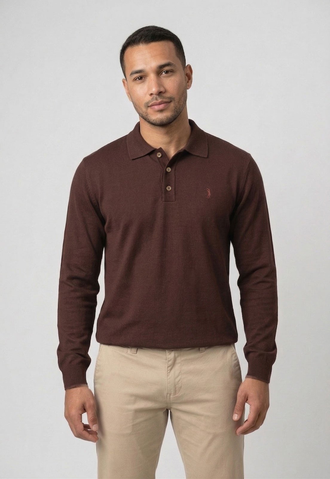Polo Masculina Aleatory Manga Longa Marrom