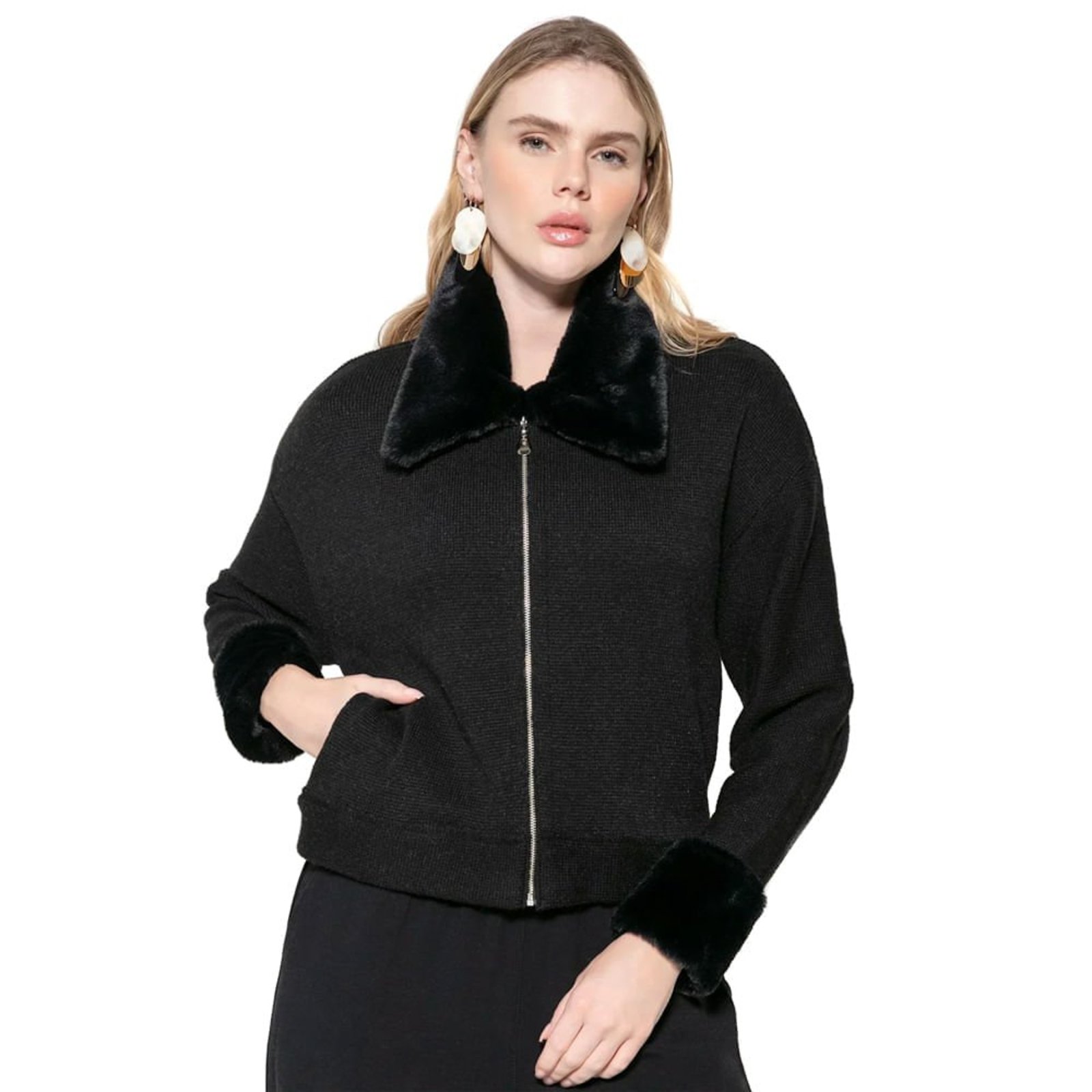 Casaco Feminino Biamar Tricot Pele Fake Preto