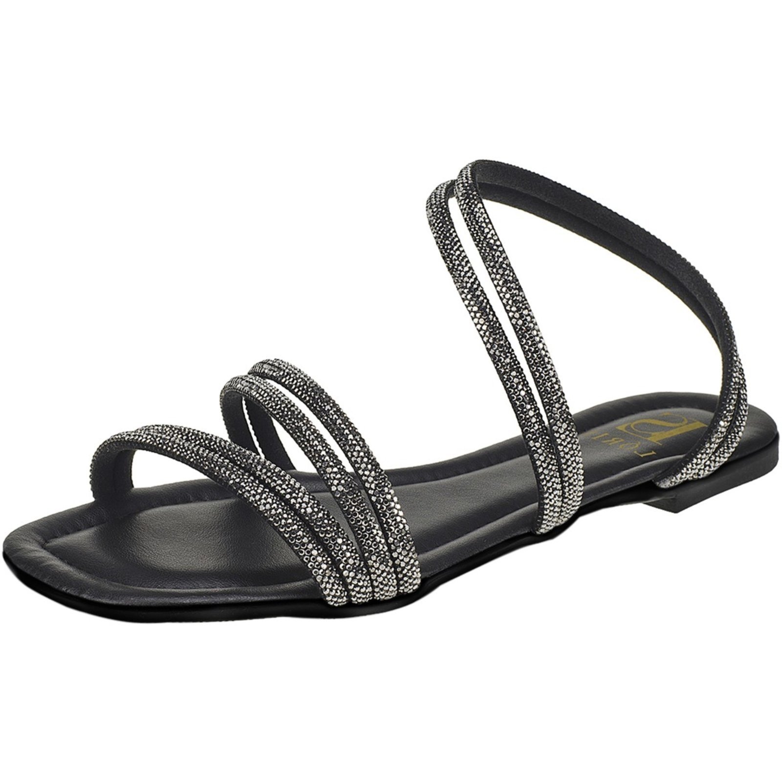 Sandália Feminina Lóris Shoes Rasteira com Brilho Manta de Strass Sofisticada 065-138 Preto