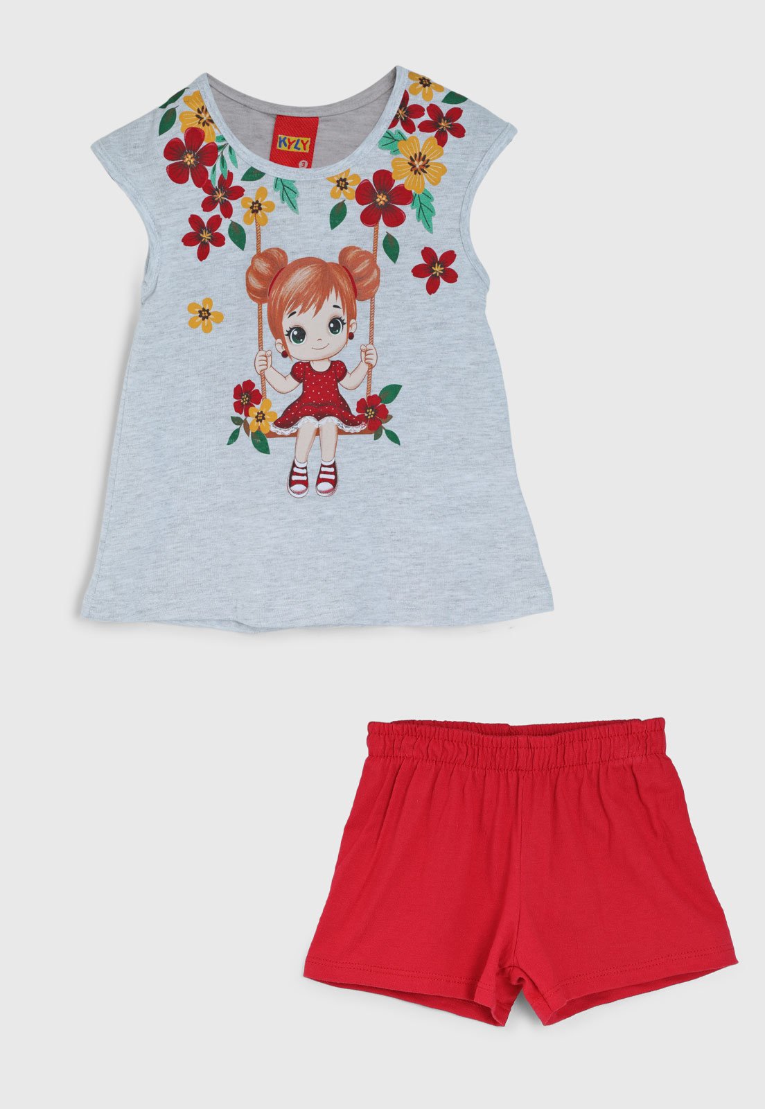 Vista 2 Conjunto Curto Kyly Regata Estampada Claro Mescla e Short Vermelho cinza Kyly cinza