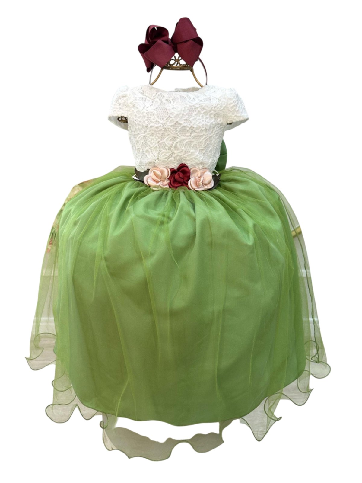 Infantil - Vestido Festa Longo Off White Saia Verde Oliva Claro Dama Daminha Casamento Formatura Social Menina Juvenil Juvenil Princesa Rodado Aniversário Luxo