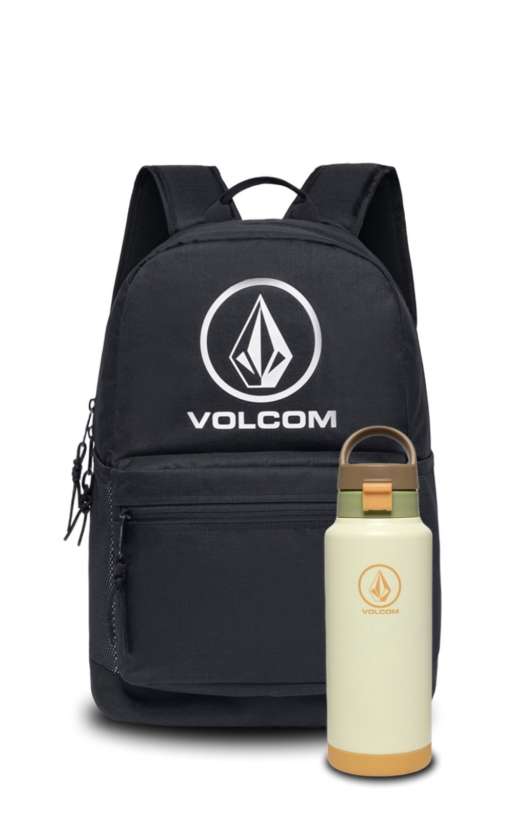Kit Mochila Escolar Reforçada Garrafa Bege Aço Inox 1L Volcom