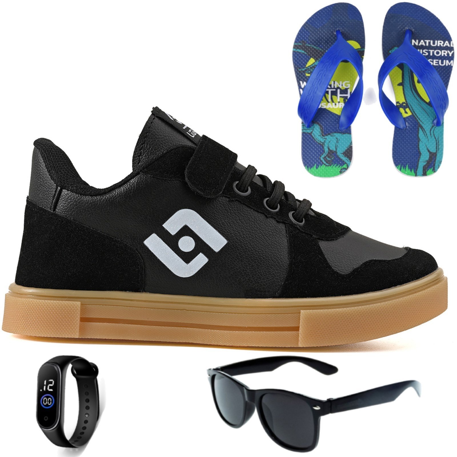 Infantil – Tenis Casual Meninos Street Escolar Confortavel Preto + Chinelo Oculos e Relogio