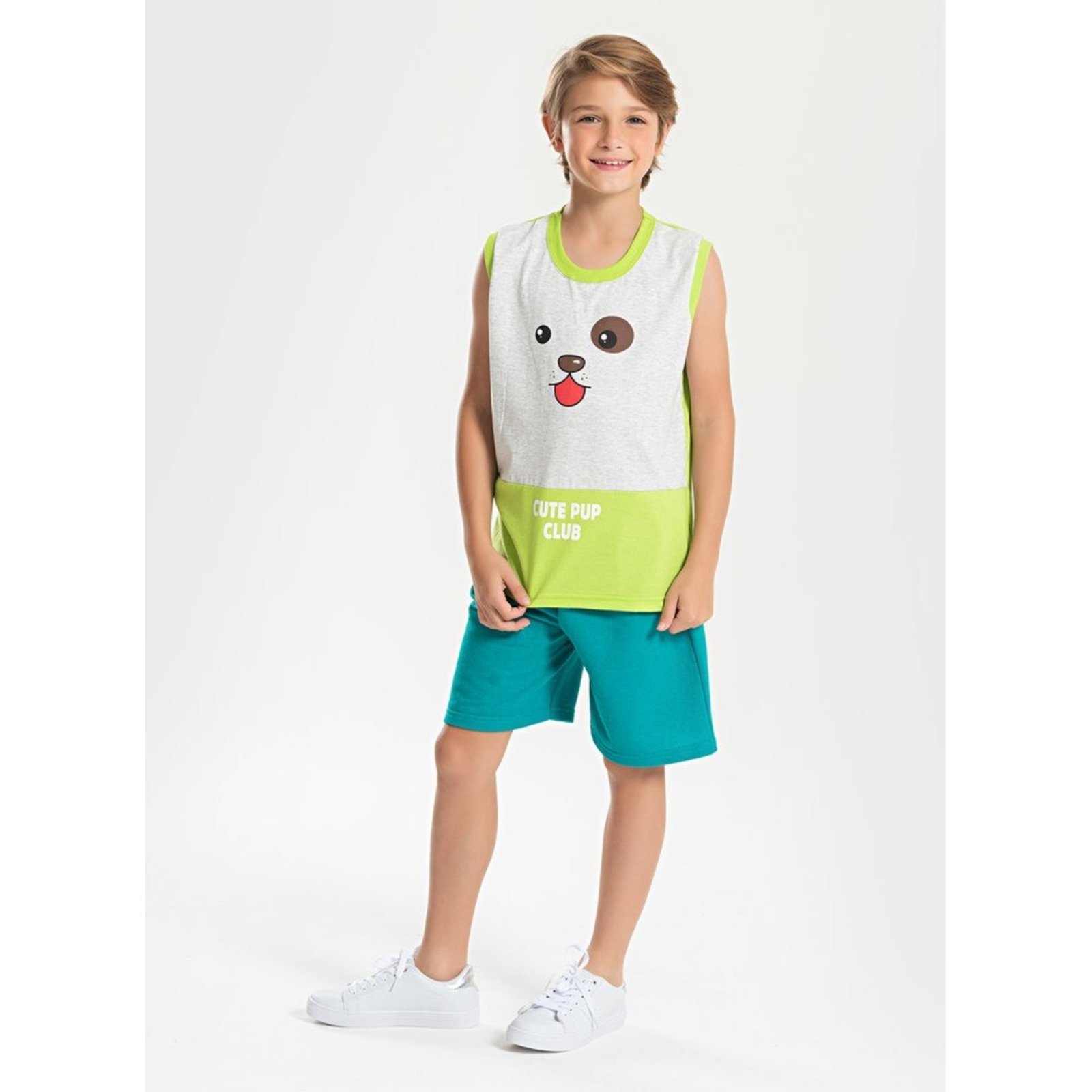 Infantil – Conjunto Verão Menino Verde Regata com Recorte e Bermuda Cachorrinho