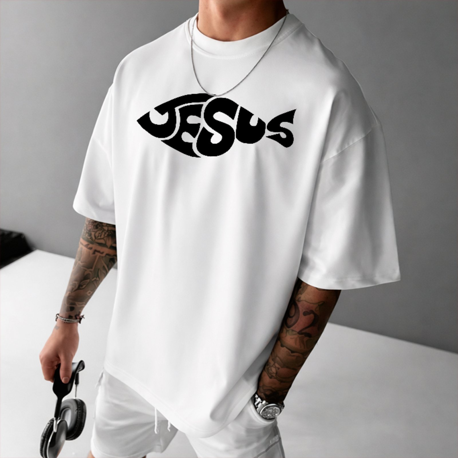 Camiseta Oversized Gospel Jesus Fish Símbolo Cristão Style Branco