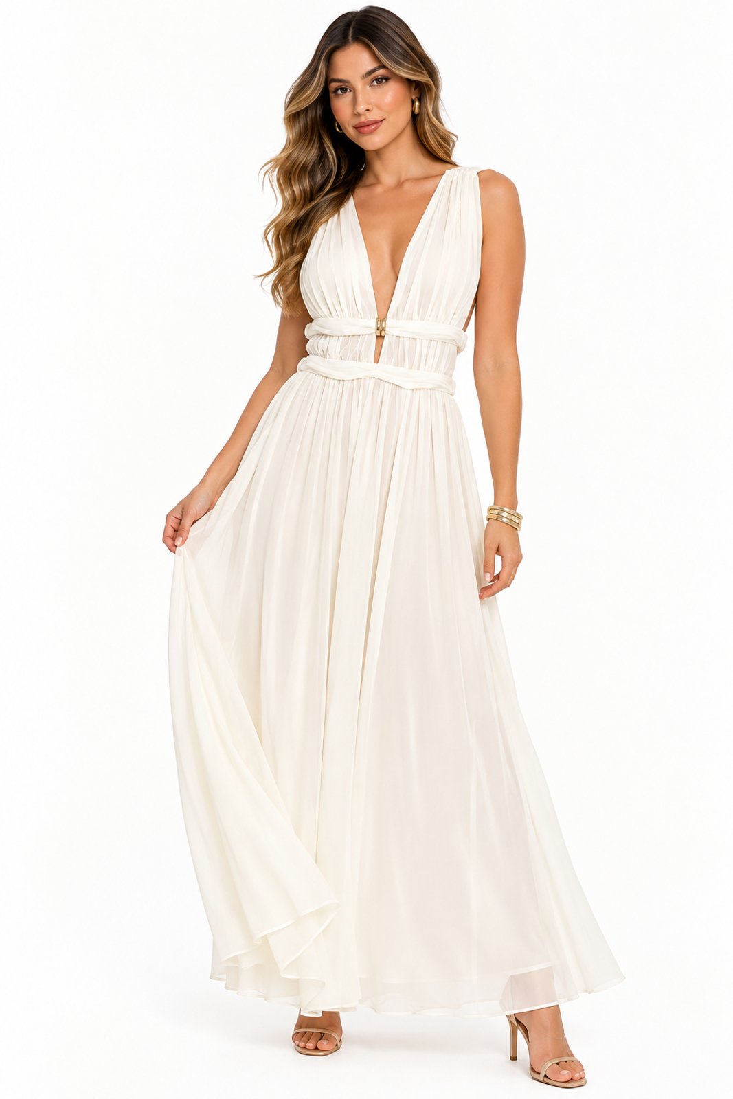 Vestido Longo D Bell Outlet Fashion Decote V e Costa Aberta Off-White