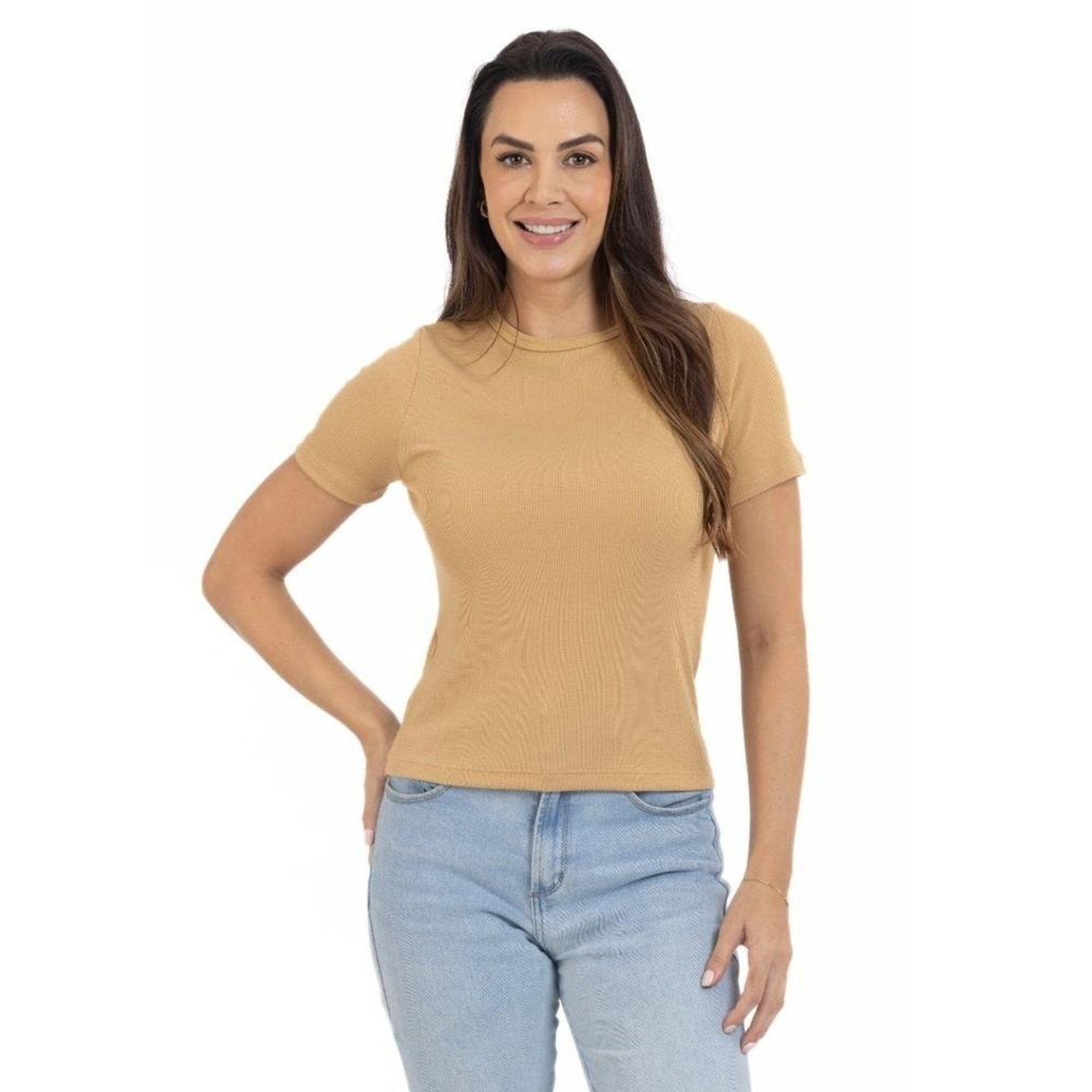 Blusa Feminina Ribana Canelada Manga Curta Confortável Básica