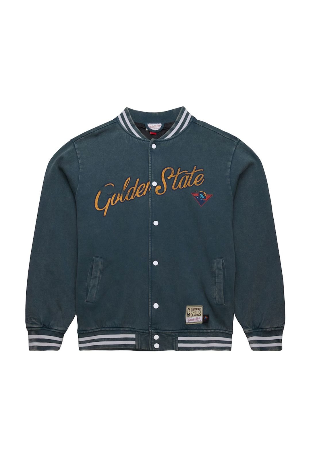 Jaqueta Mitchell & Ness Oversized Varsity Full-Snap Golden State Warriors Azul