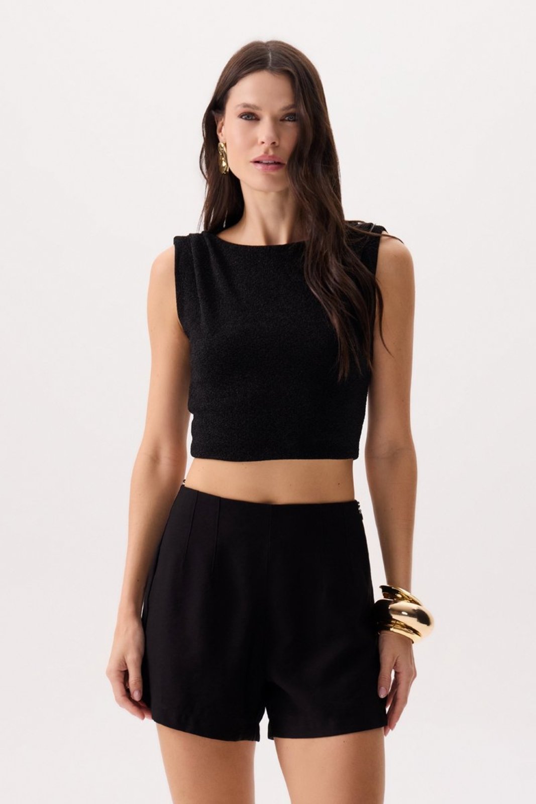 Top Feminino Cropped em Malha Texturizada com Brilho Flor de Lis