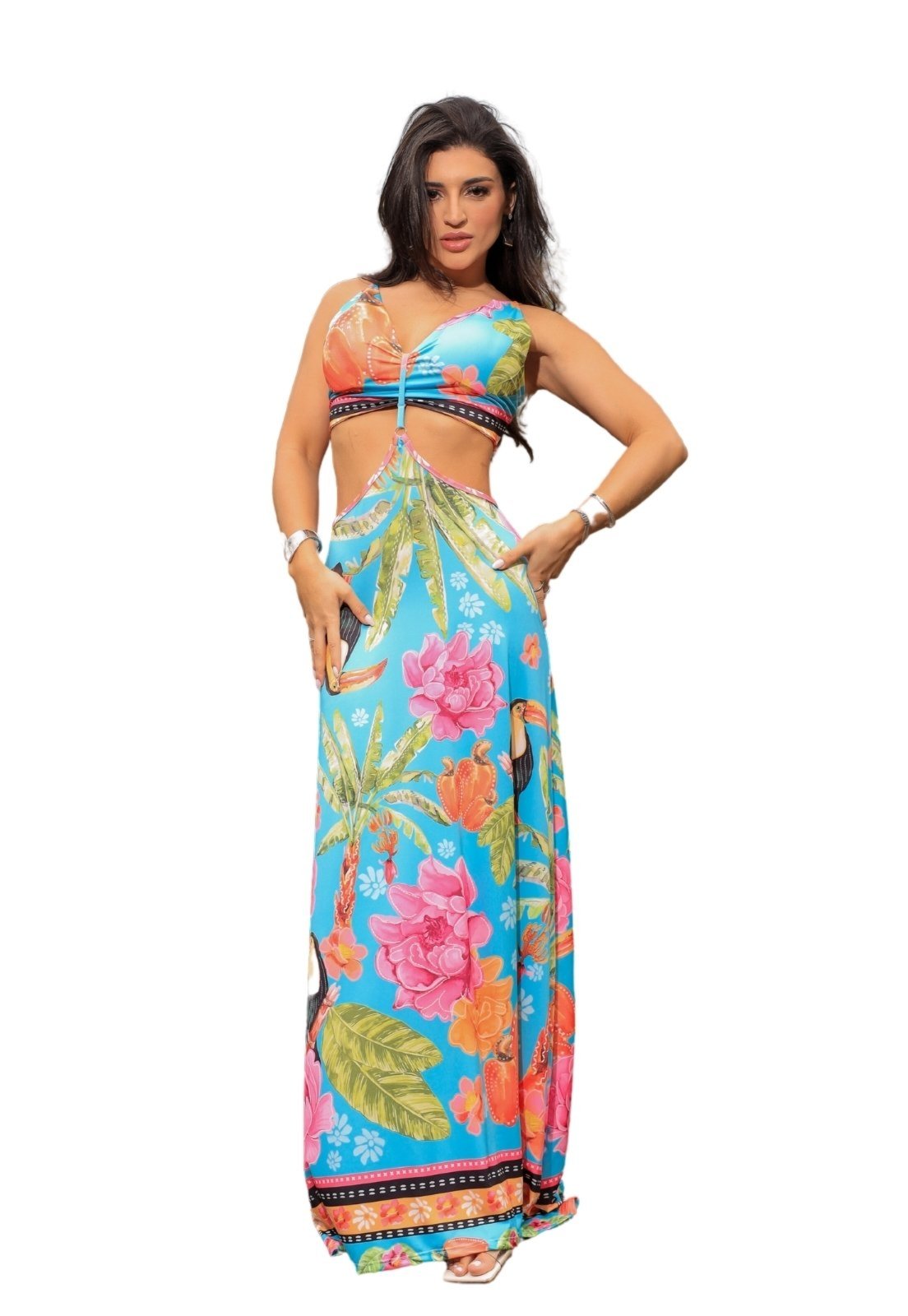 Vestido Longo Estampado Fluity Abertura Lateral Sandy Azul