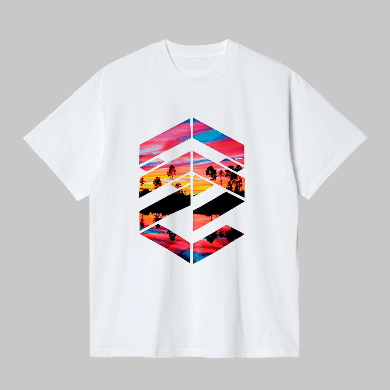 Camiseta Básica Geometric Sunset Landscape Unissex Branco