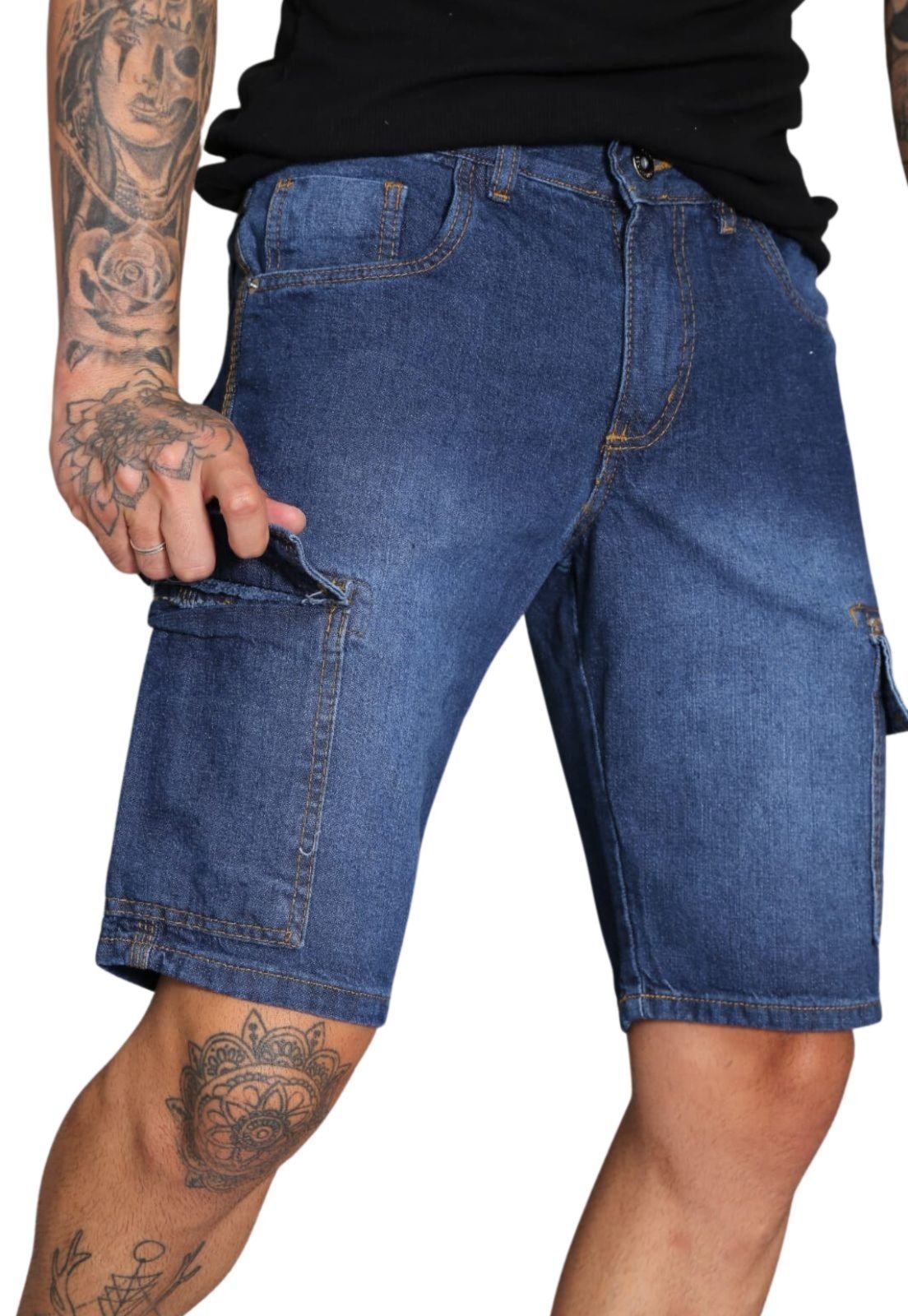 Bermuda Masculino Alleppo Cargo Jeans Escuro Bari