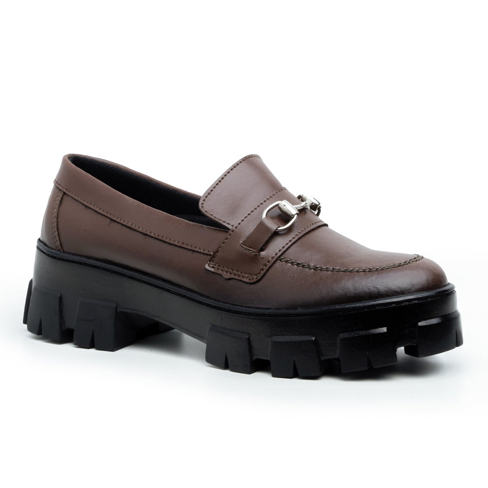 Sapato Mocassim Feminino Oxford Tratorado Sola Alta Café