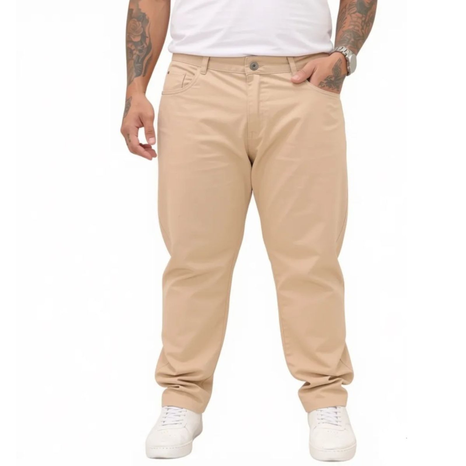 Calça Masculina Jeans Light Plus Size de Sarja Creme CONFORTÁVEL