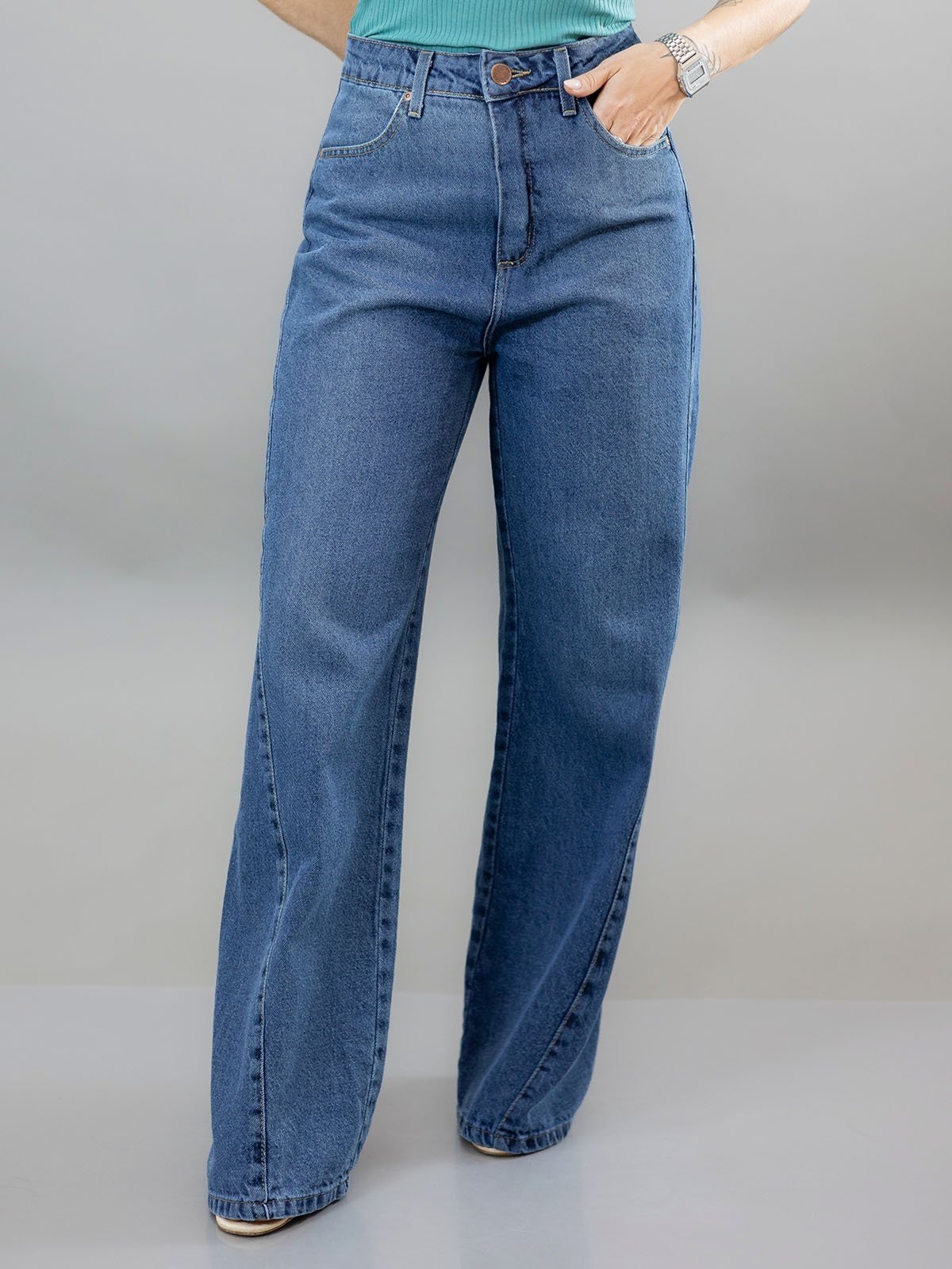 Calça Feminina Jeans Wide Leg Ampla Alta Costura Dupla Anticorpus