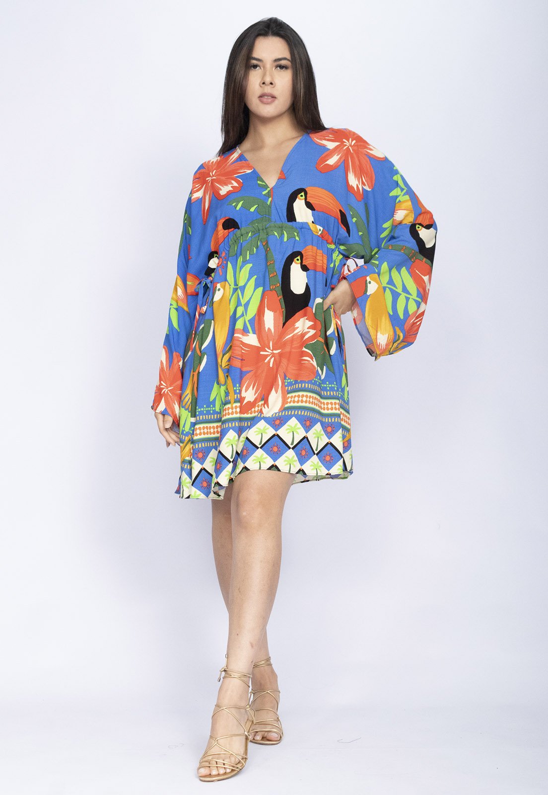 Vista 3 Vestido Amazônia Vital Curto Manga Ampla Estampa Tucanê Amazonia Vital azul/estampado