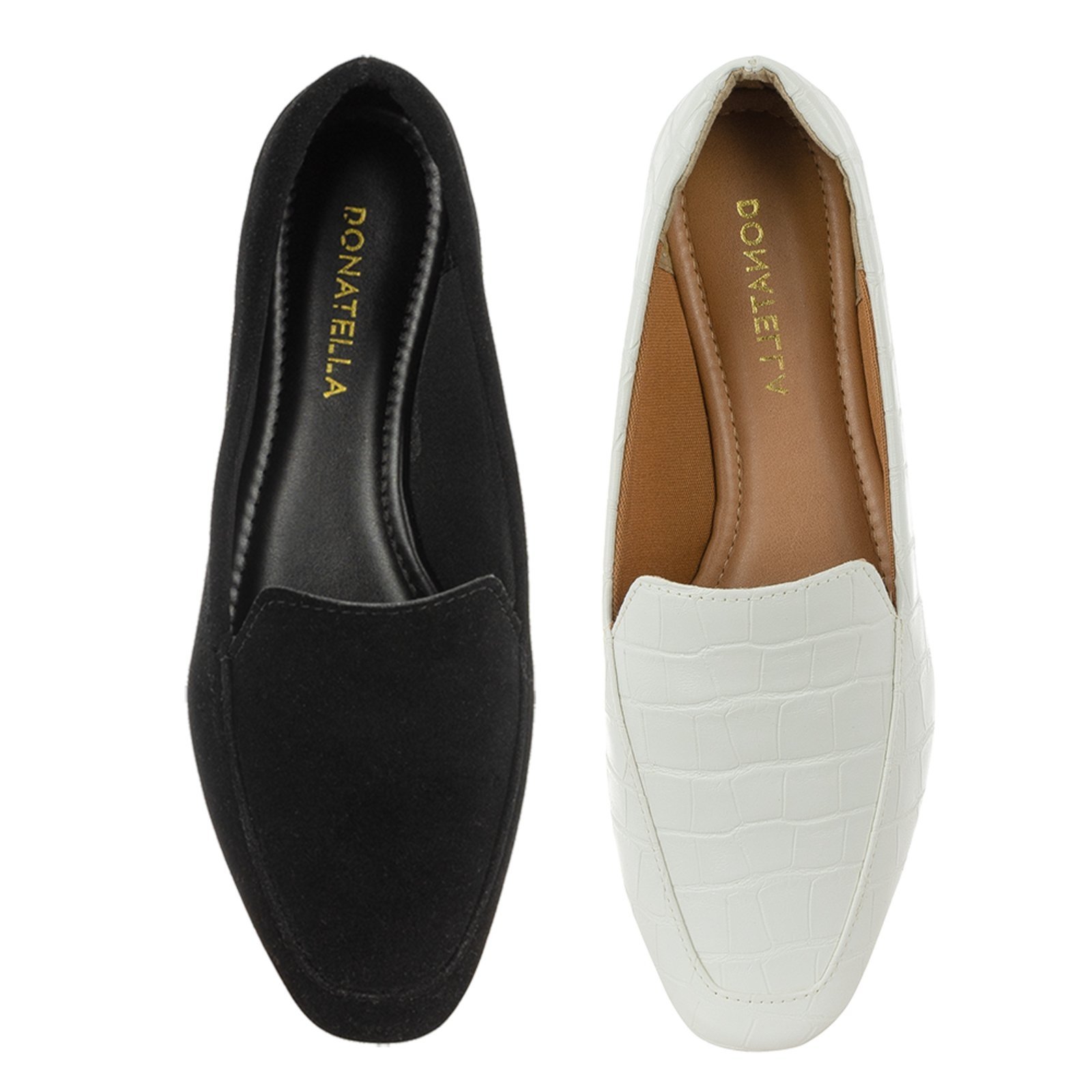 Kit 2 Pares Mocassim Feminino CM Calçados Preto Camurça e Branco Croco