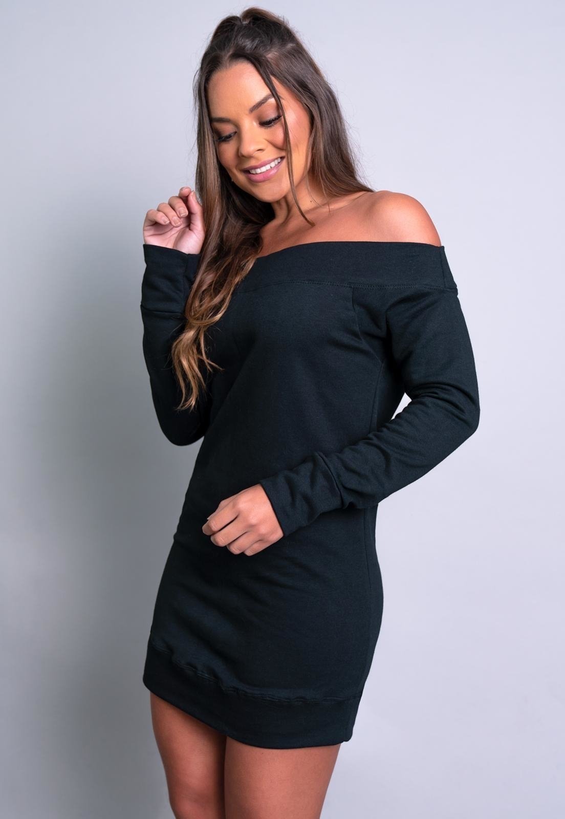 Vestido MVB Modas Manga Longa Moletom Flanelado Ombro a Ombro Preto