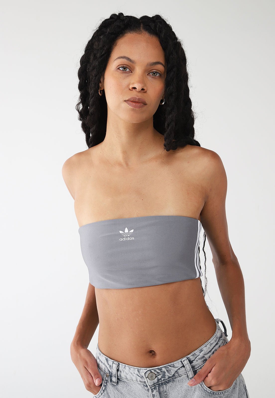 Top adidas Originals Ajustada Tubo Três Listras Cinza