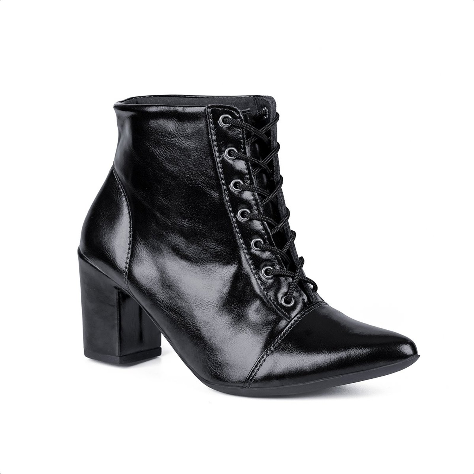 Bota Coturno Feminina Domidona Salto Bloco Bico Fino Cano Curto Luxo Preto Madri